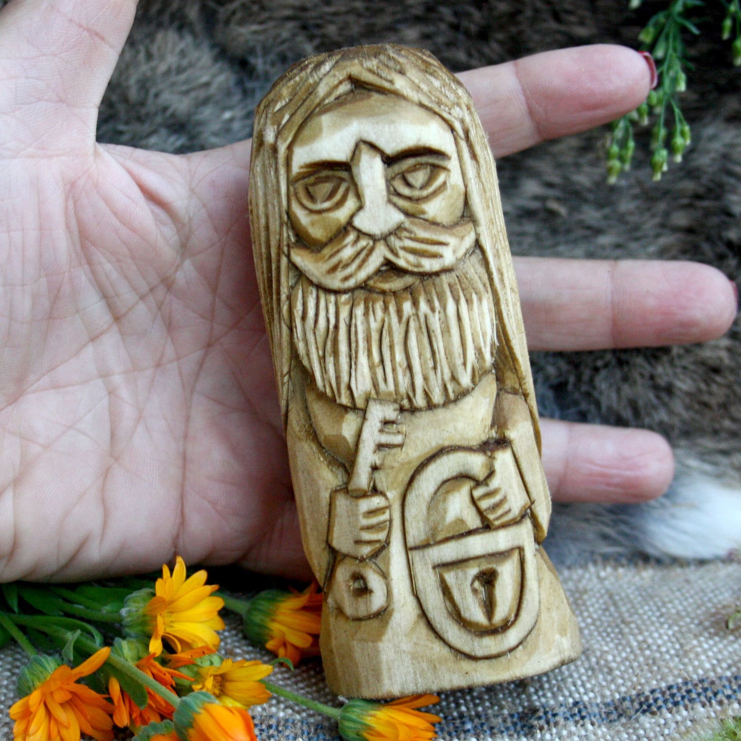Slavic wooden house spirits collection hand carved in hand