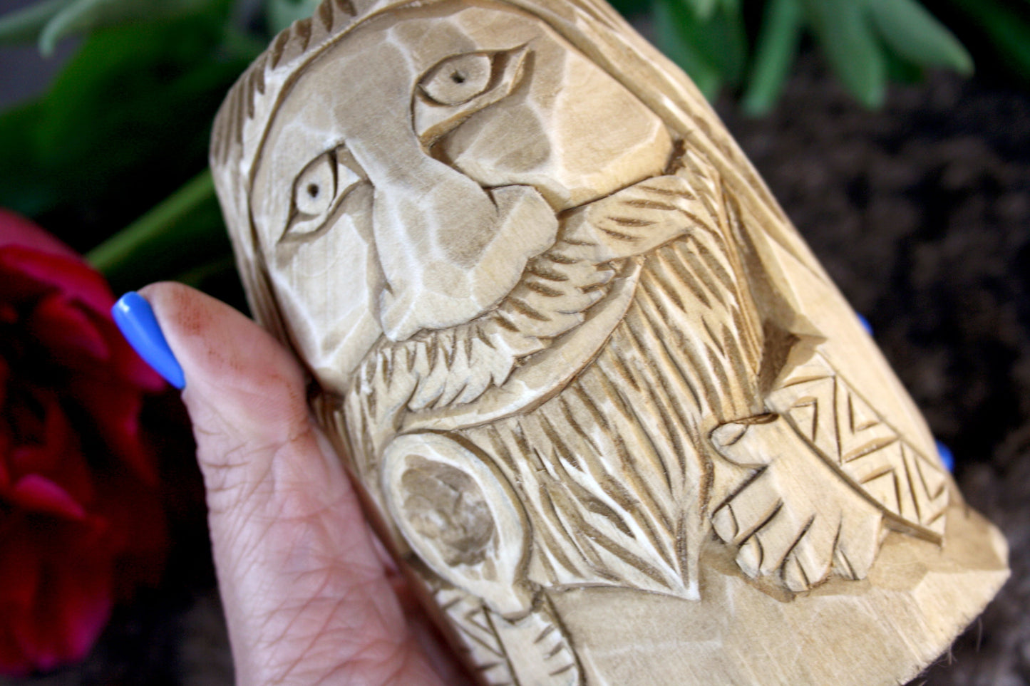 Wooden figurine of Domovoy. Good Slavic brownie spirit whith spoon