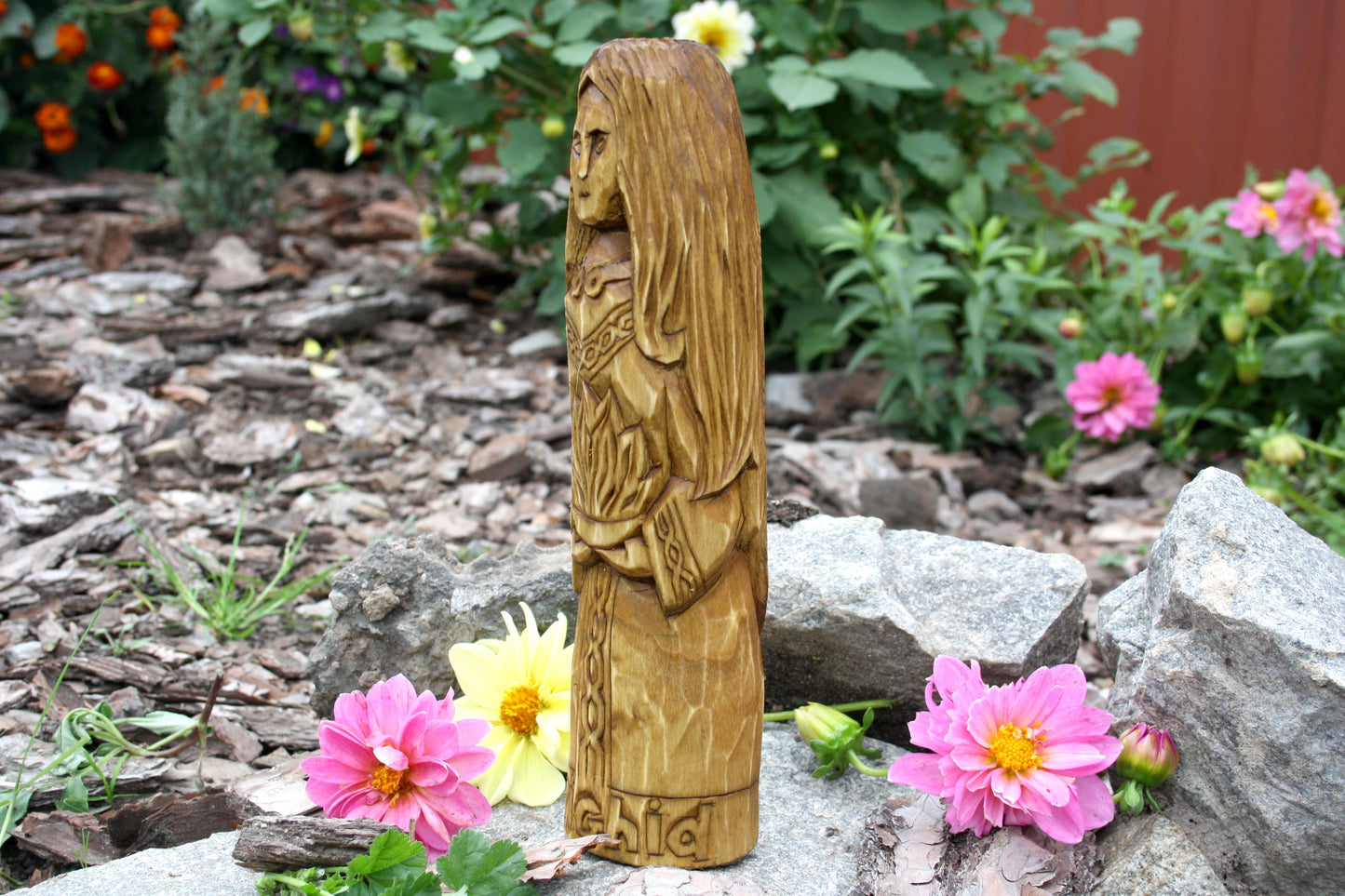 Big wooden statue of brighid. celtic statues for sale