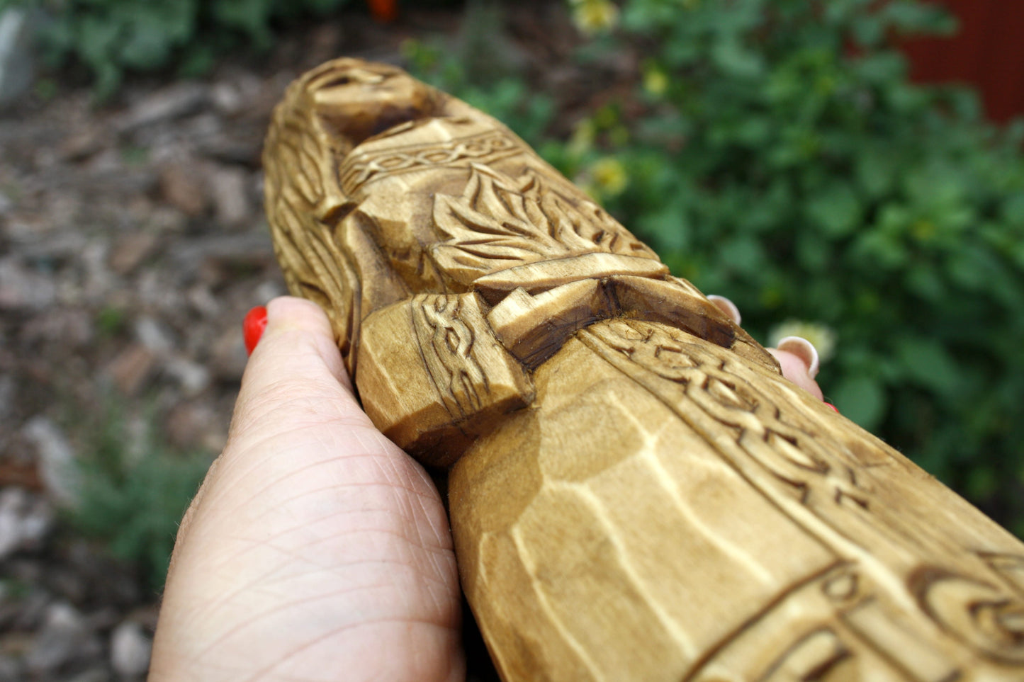 Big wooden statue of brighid. celtic goddess statues