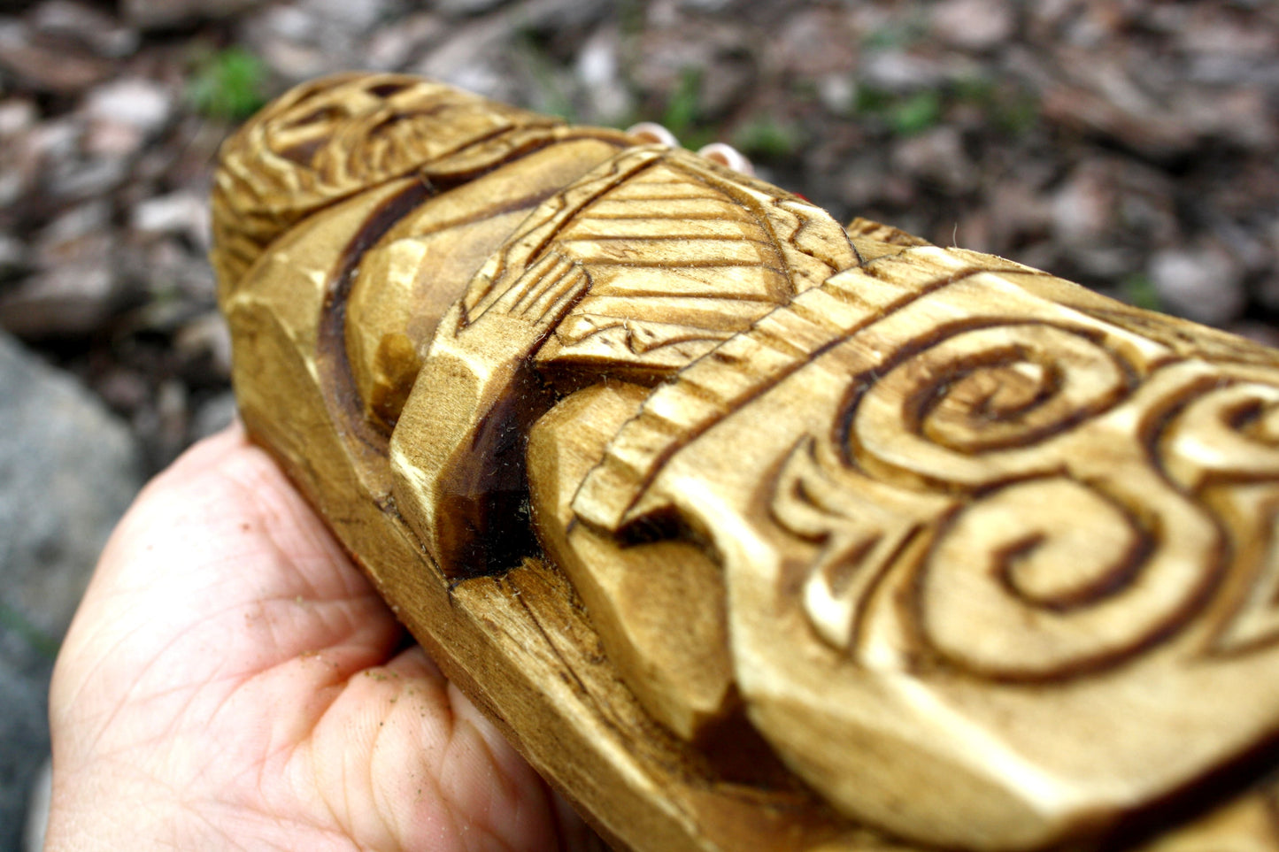 Big wooden statue of dagda. celtic statue