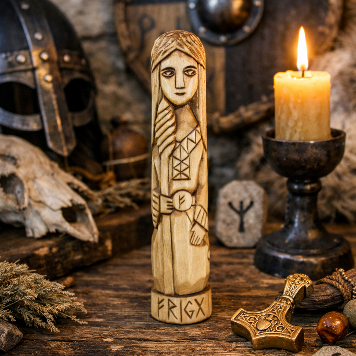 Wooden figurine Frigg surrounded by Viking-themed items on a wooden surface.