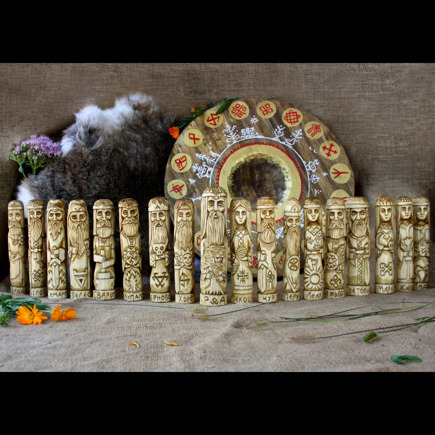 Full Slavic pantheon wooden statues hand carved Slavic gods collection