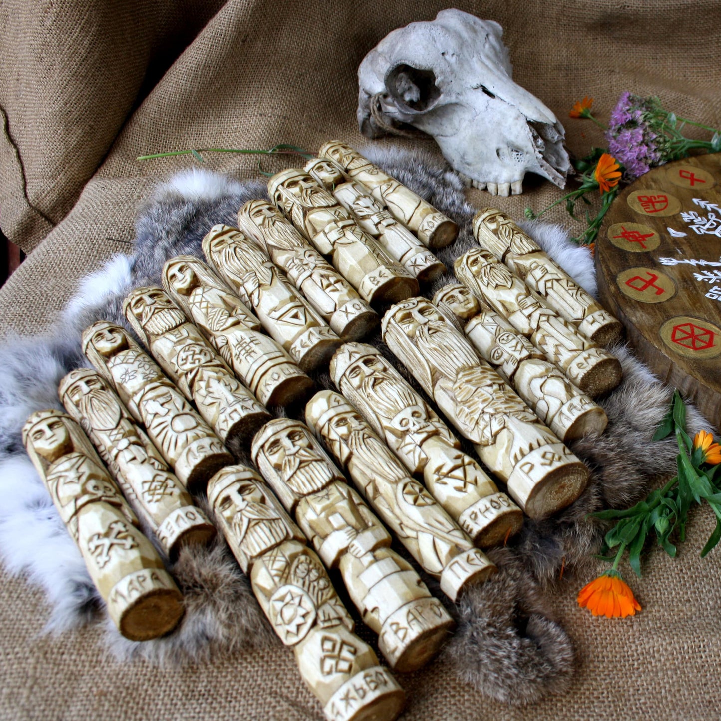 Hand carved Slavic goddess Lada statue with all slavic pantheon