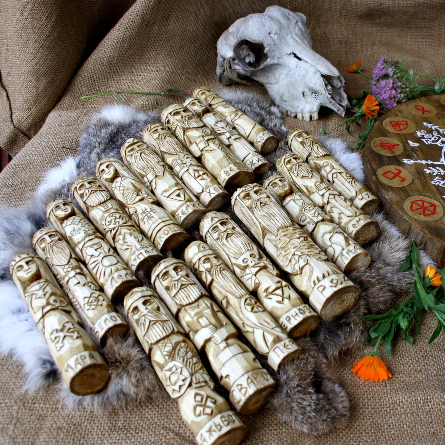 Full Slavic pantheon wooden statues lying arrangement hand carved Slavic gods