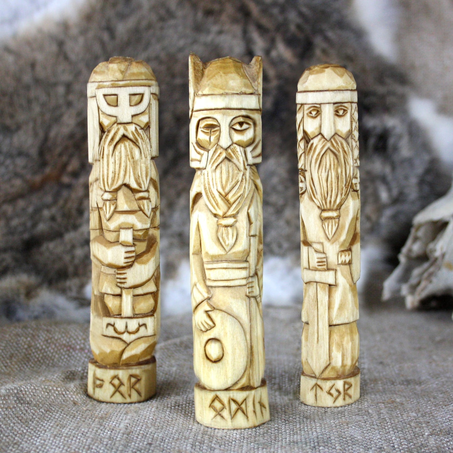 Tyr wooden statue with other Norse gods hand carved figurines collection
