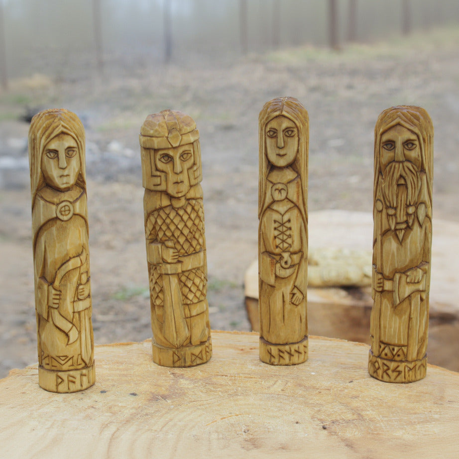 Vidar wooden statue with other Norse gods hand carved figurines collection