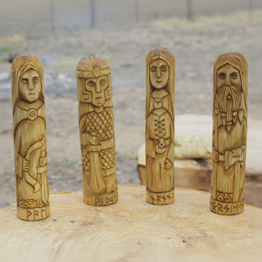 Forseti wooden statue with other Norse gods hand carved figurines collection