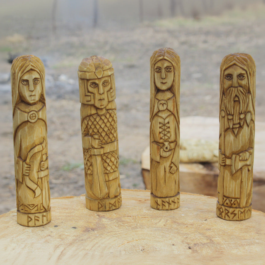 Vali wooden statue with other Norse gods hand carved figurines collection