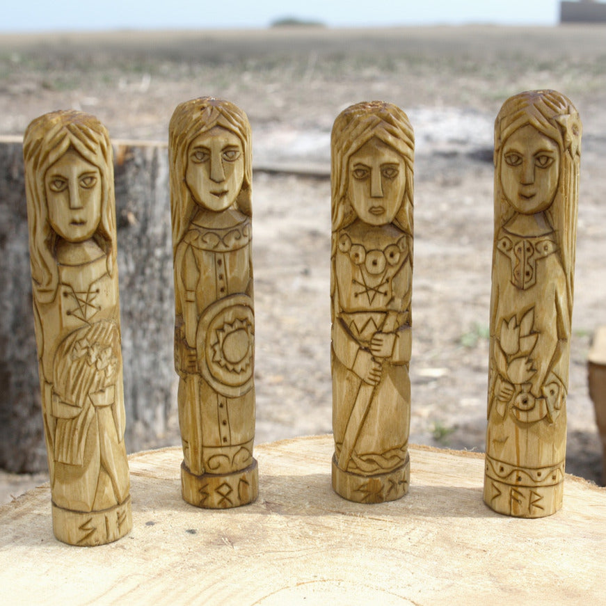 Sif wooden statue with other Norse gods hand carved figurines collection