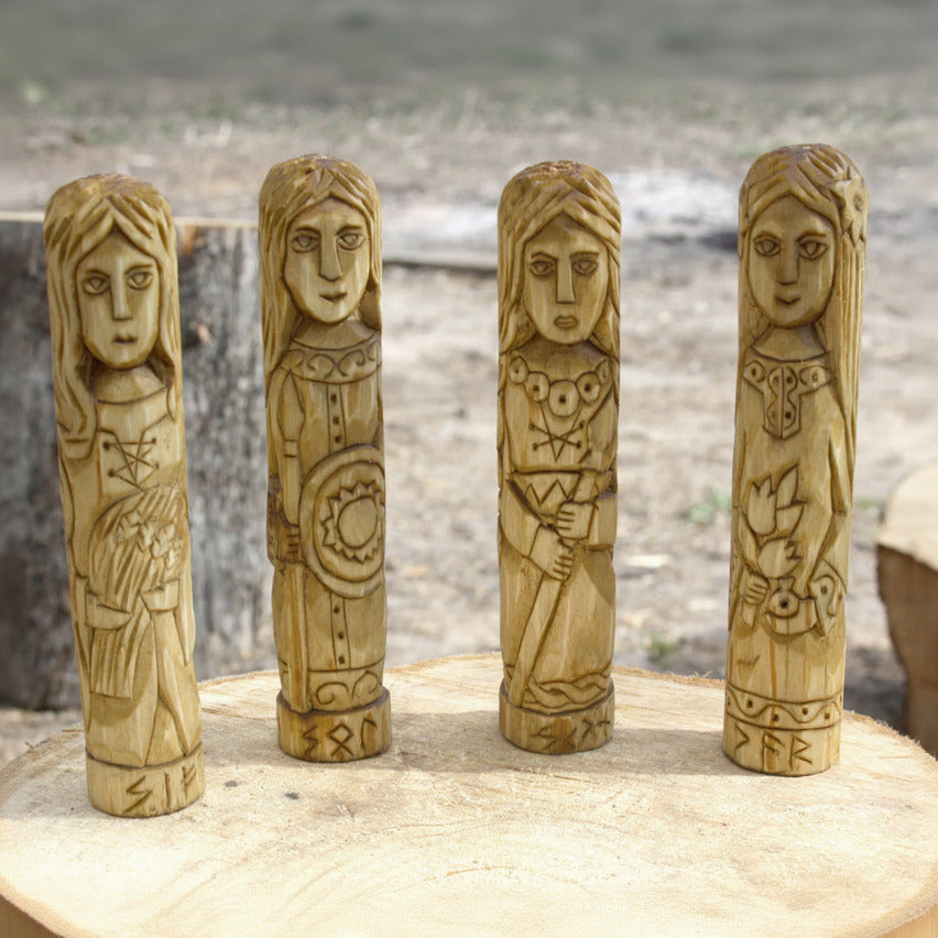 Syn wooden statue with other Norse goddesses hand carved figurines collection