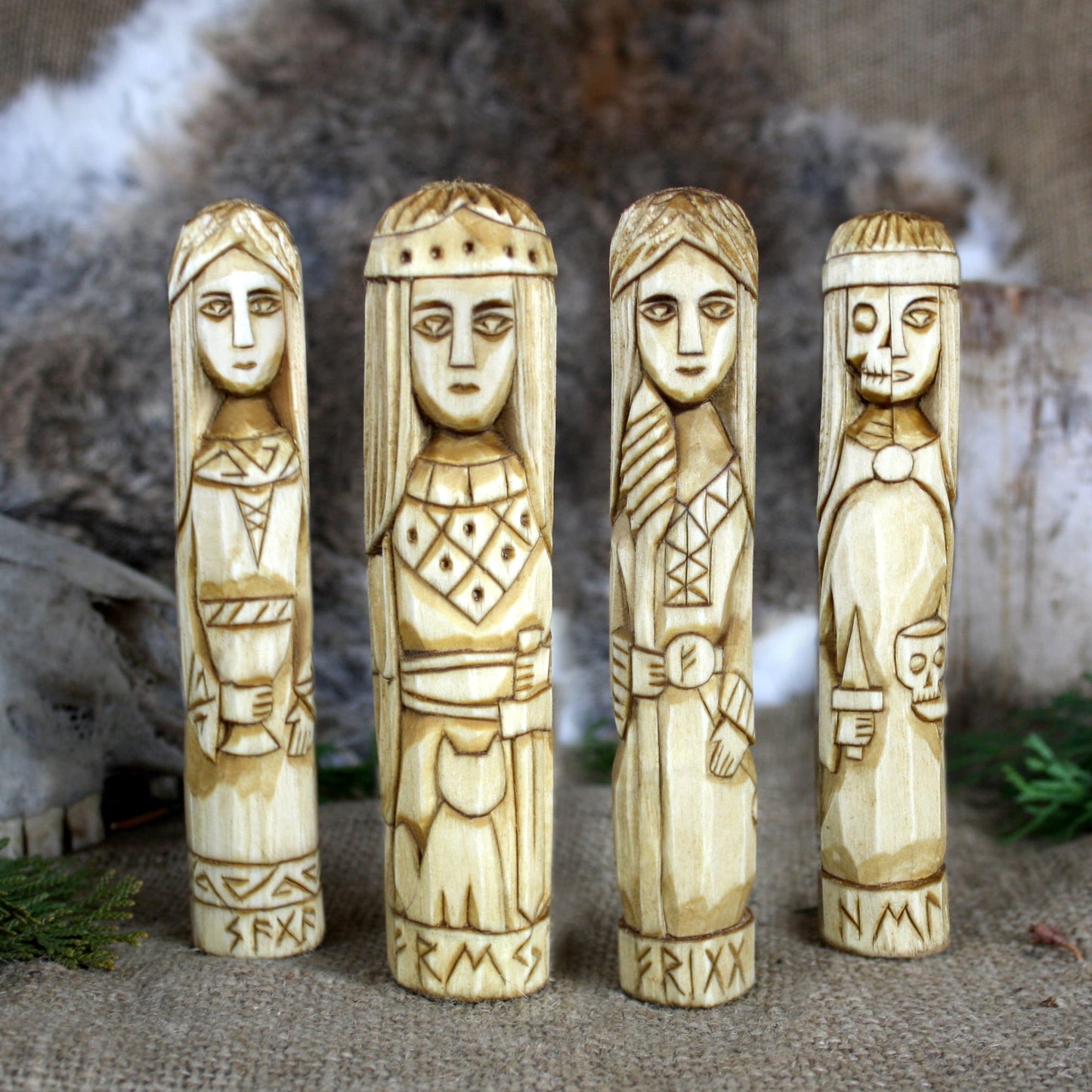 Saga wooden statue with other Norse goddesss hand carved figurines collection