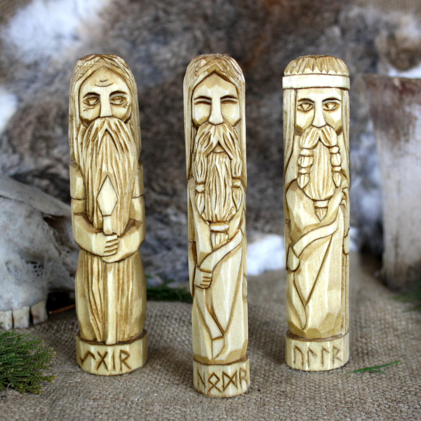 Aegir wooden statue with other Norse gods hand carved figurines collection