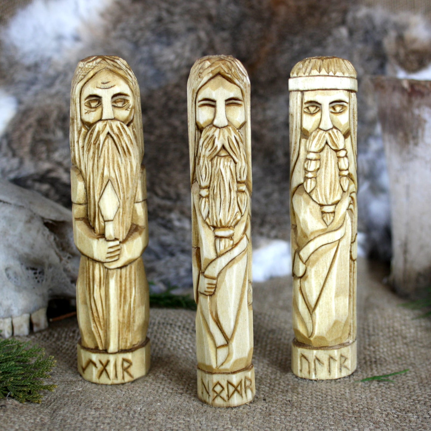Ullr wooden statue with other Norse gods hand carved figurines collection