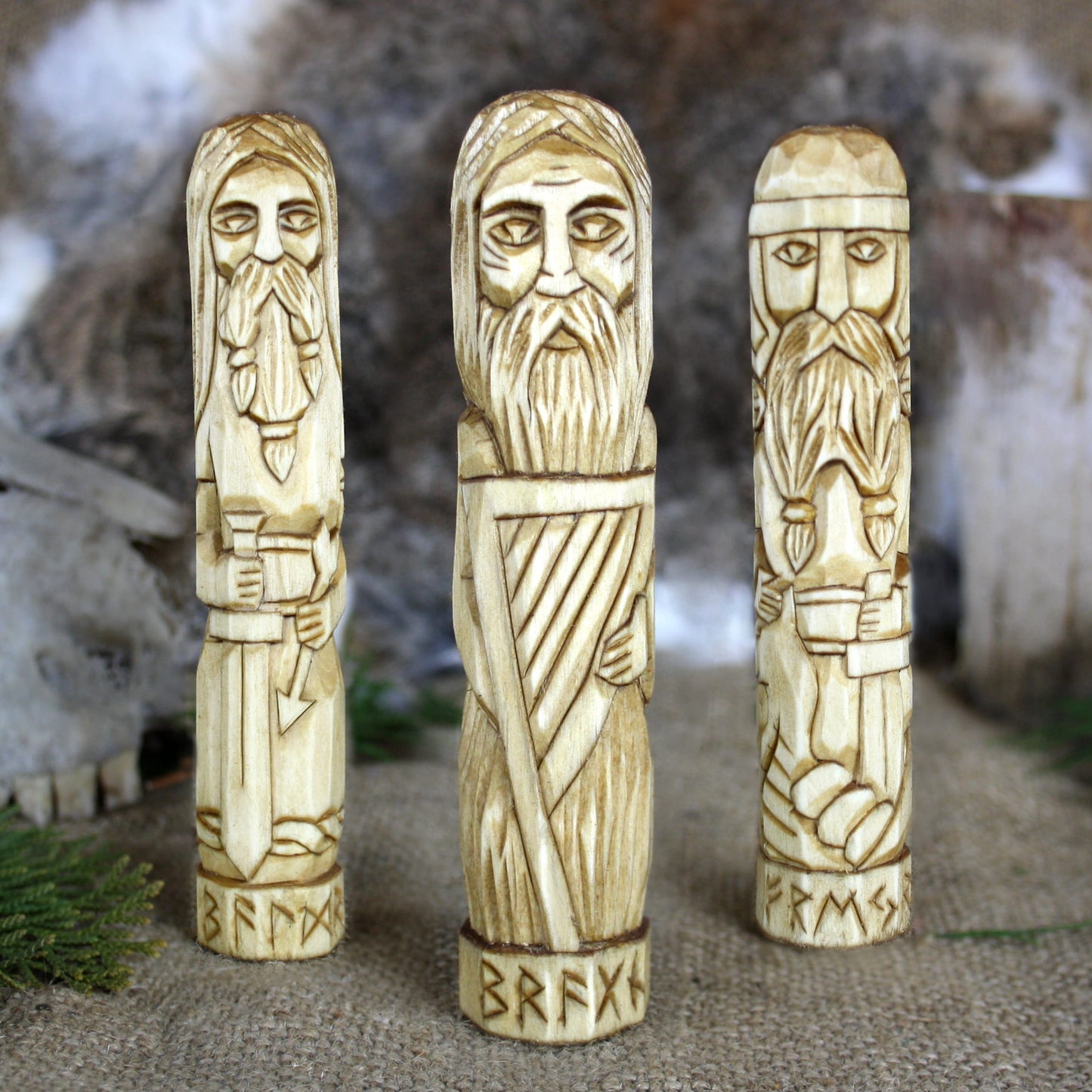 Freyr wooden statue with other Norse gods hand carved figurines collection