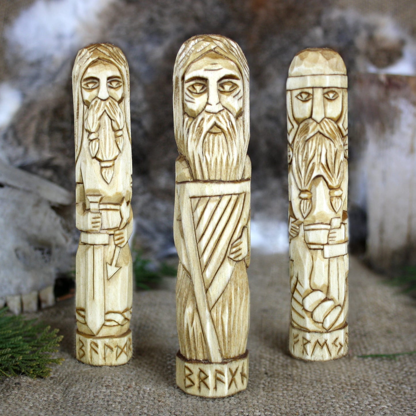 Bragi wooden statue with other Norse gods hand carved figurines collection