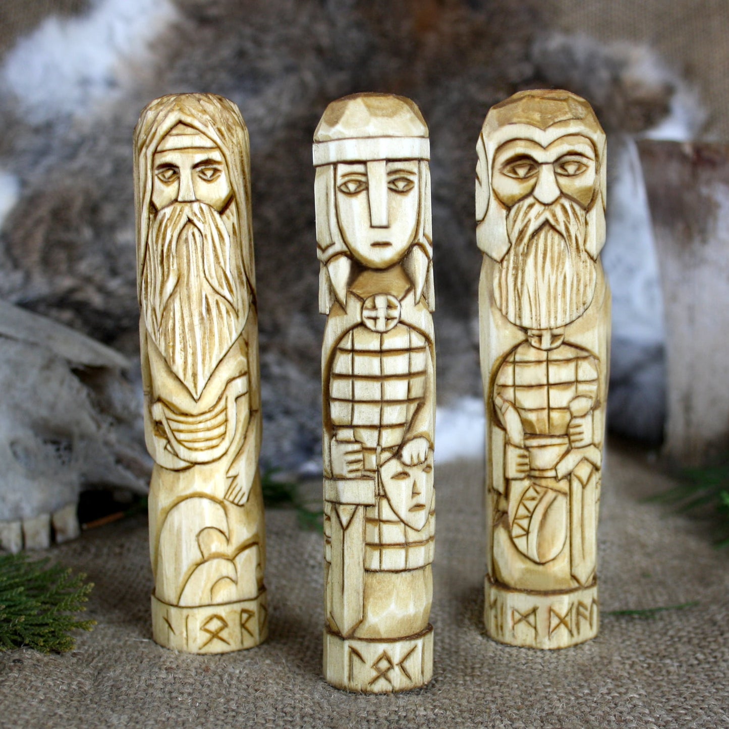 Heimdall wooden statue with other Norse gods hand carved figurines collection