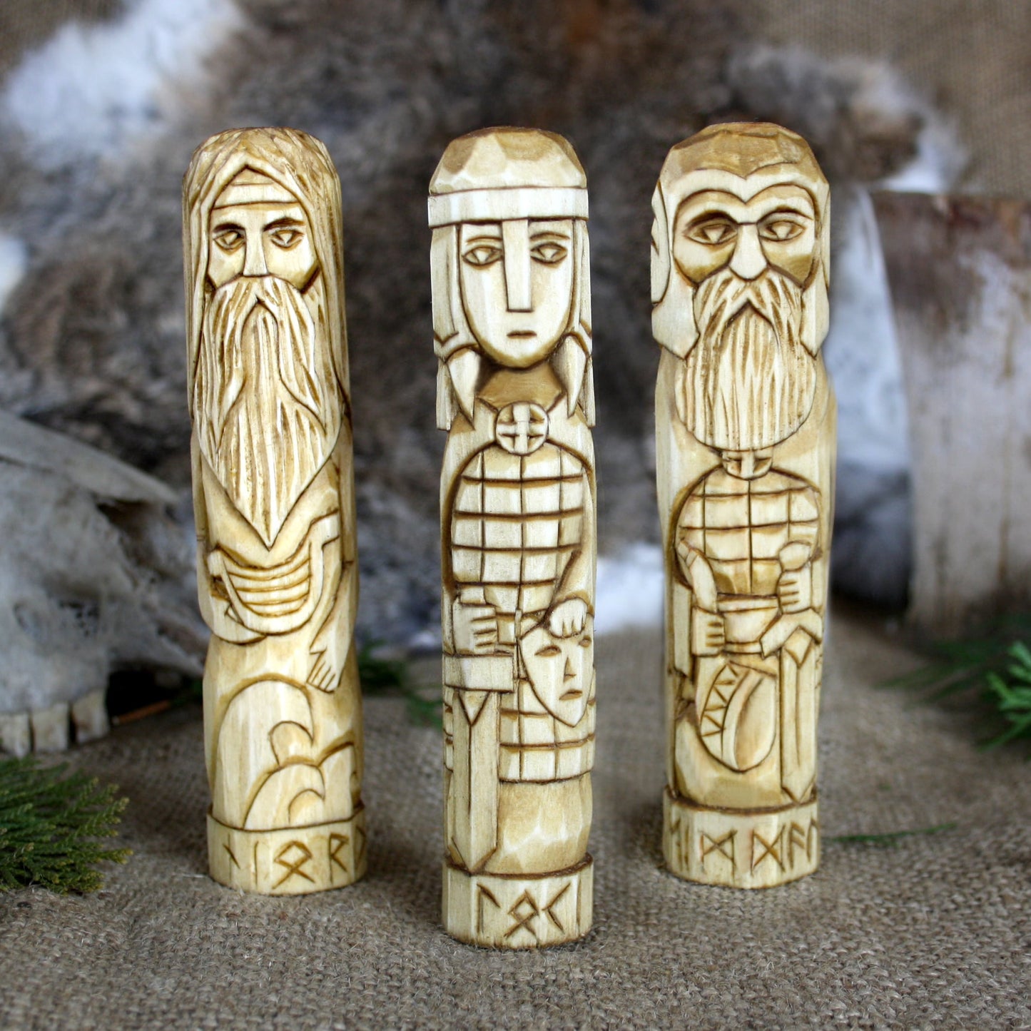 Loki wooden statue with other Norse gods hand carved figurines collection
