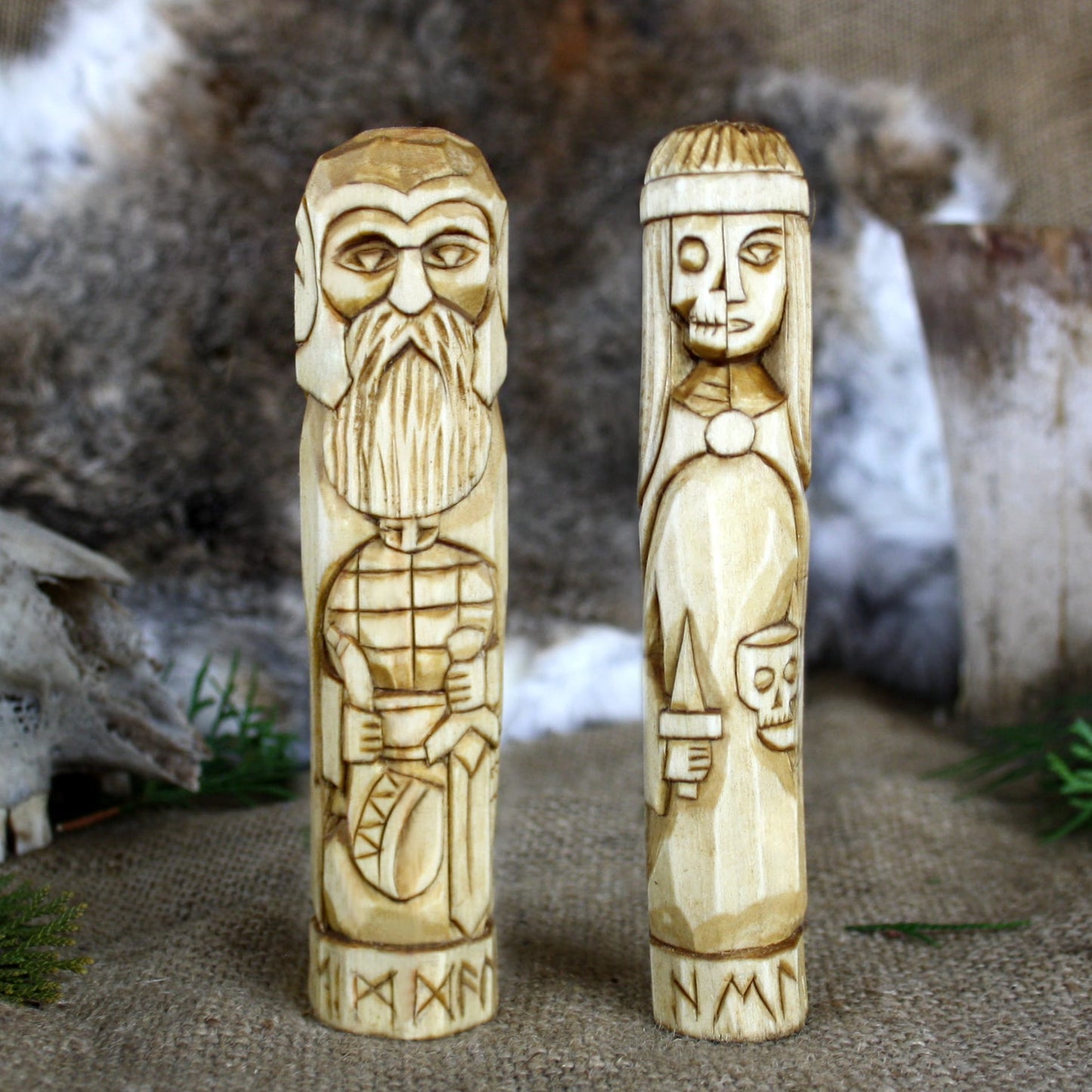 Norse Gods Pantheon Set -Heimdall and Hela hand-Carved Wooden Viking Statues