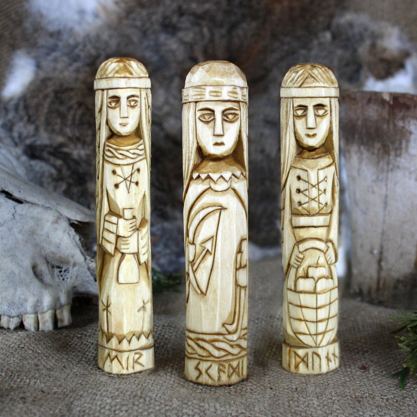 Skadi wooden statue with other Norse goddesses hand carved figurines collection