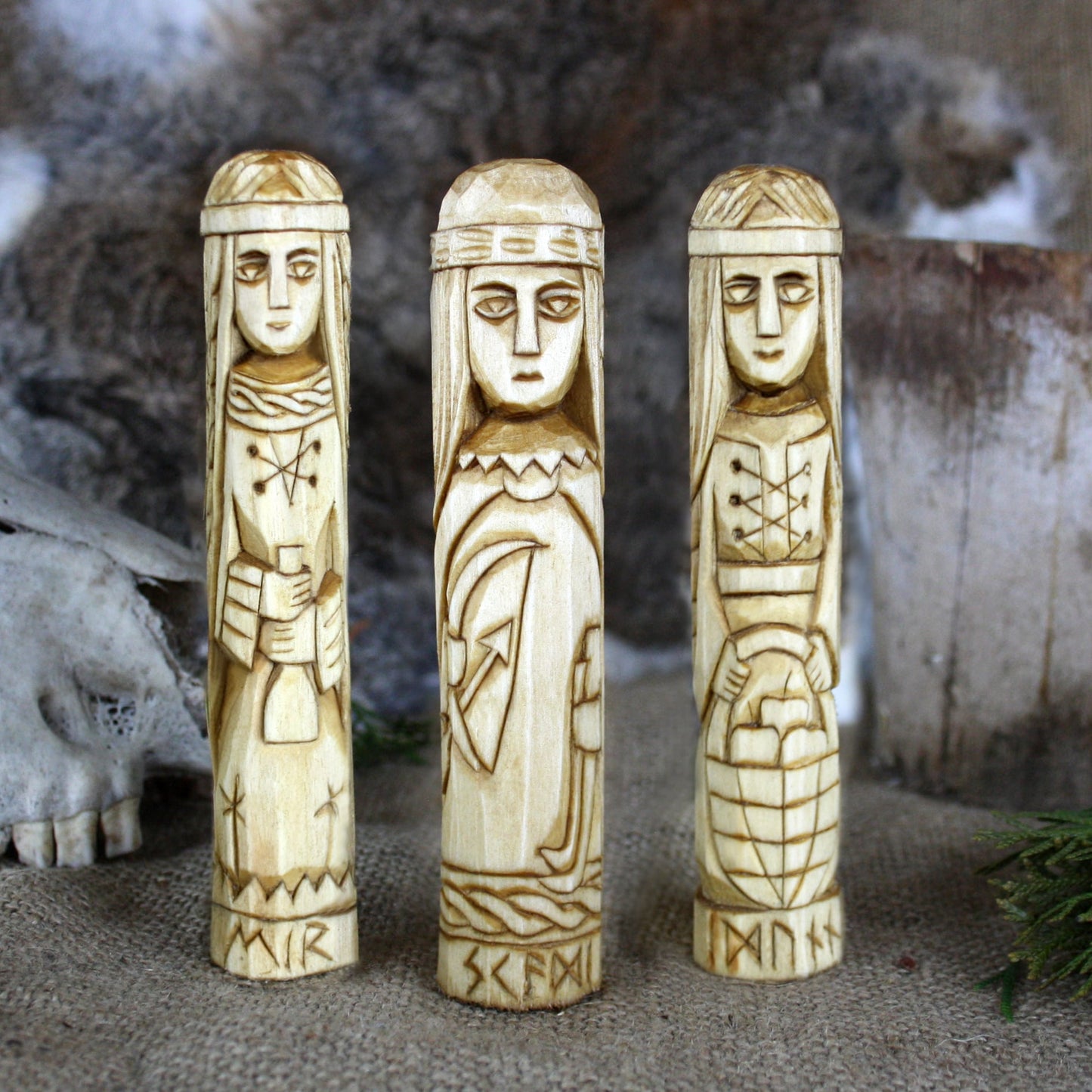 Idunna wooden statue with other Norse gods hand carved figurines collection
