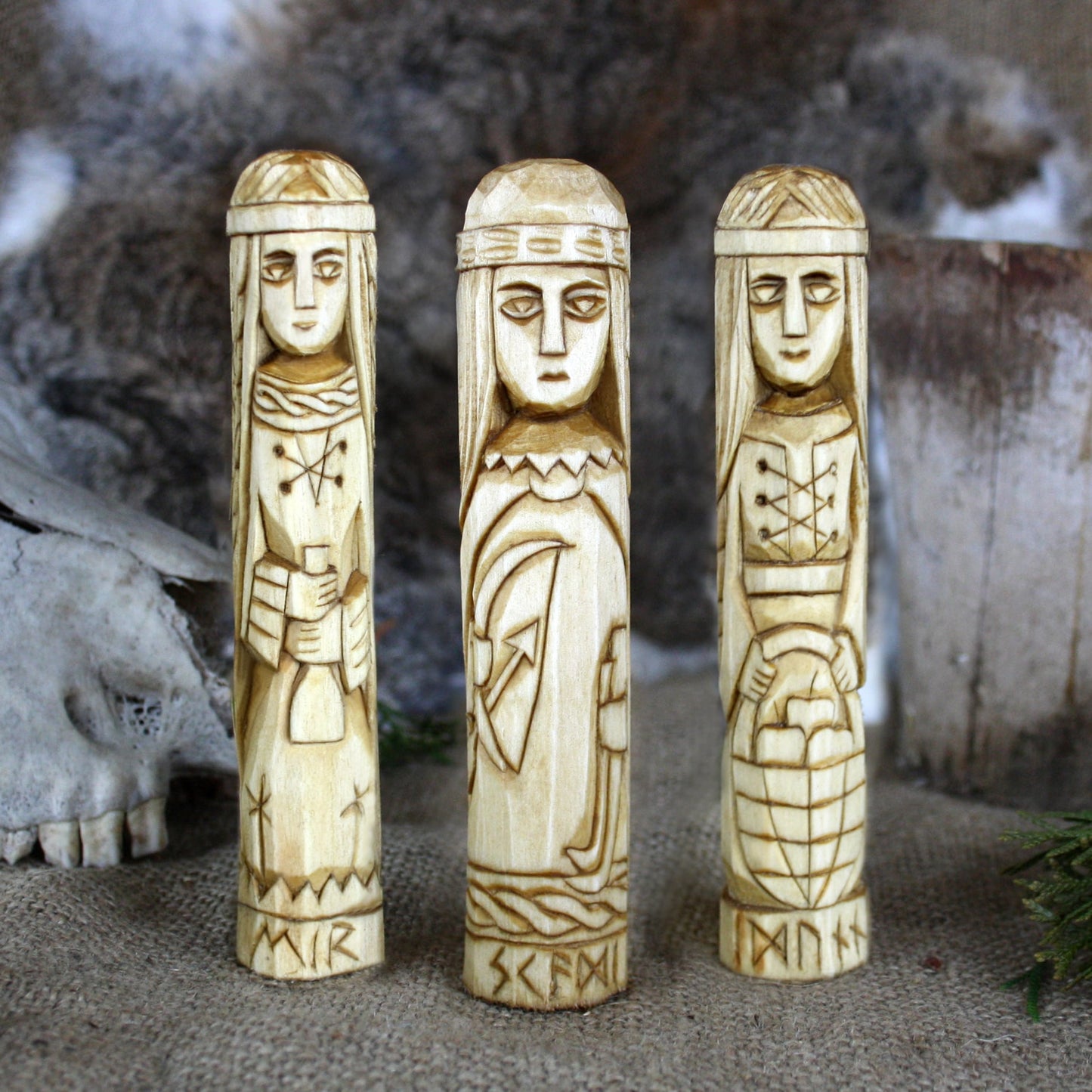 Eir wooden statue with other Norse goddesses hand carved figurines collection