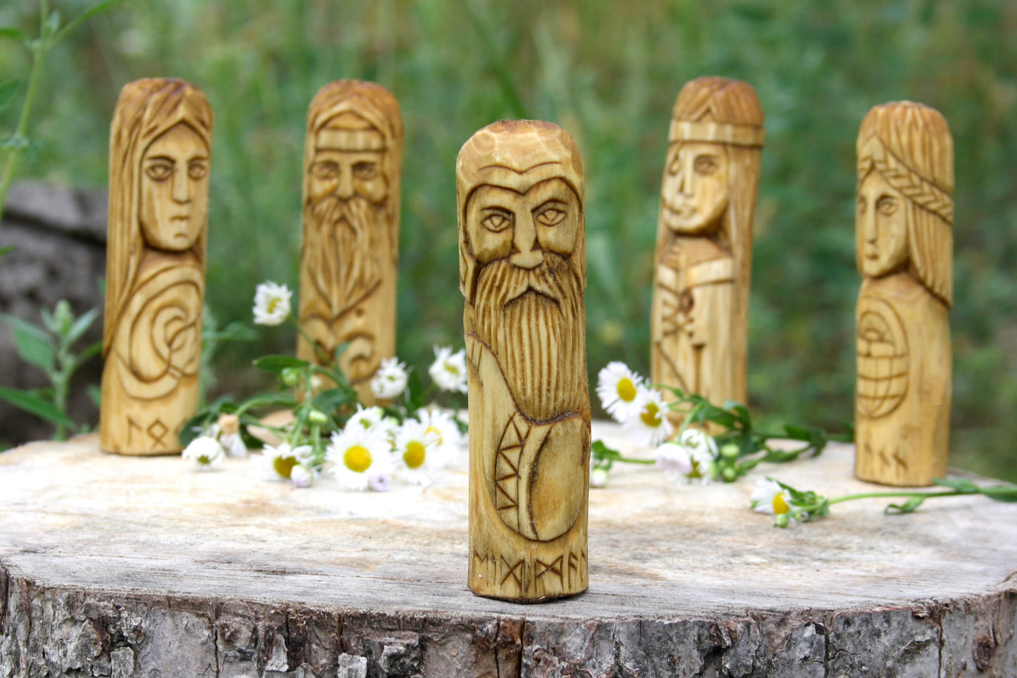 Small wooden altar of norse gods skadi. air. freyr. handcrafted statue. celtic deities statues