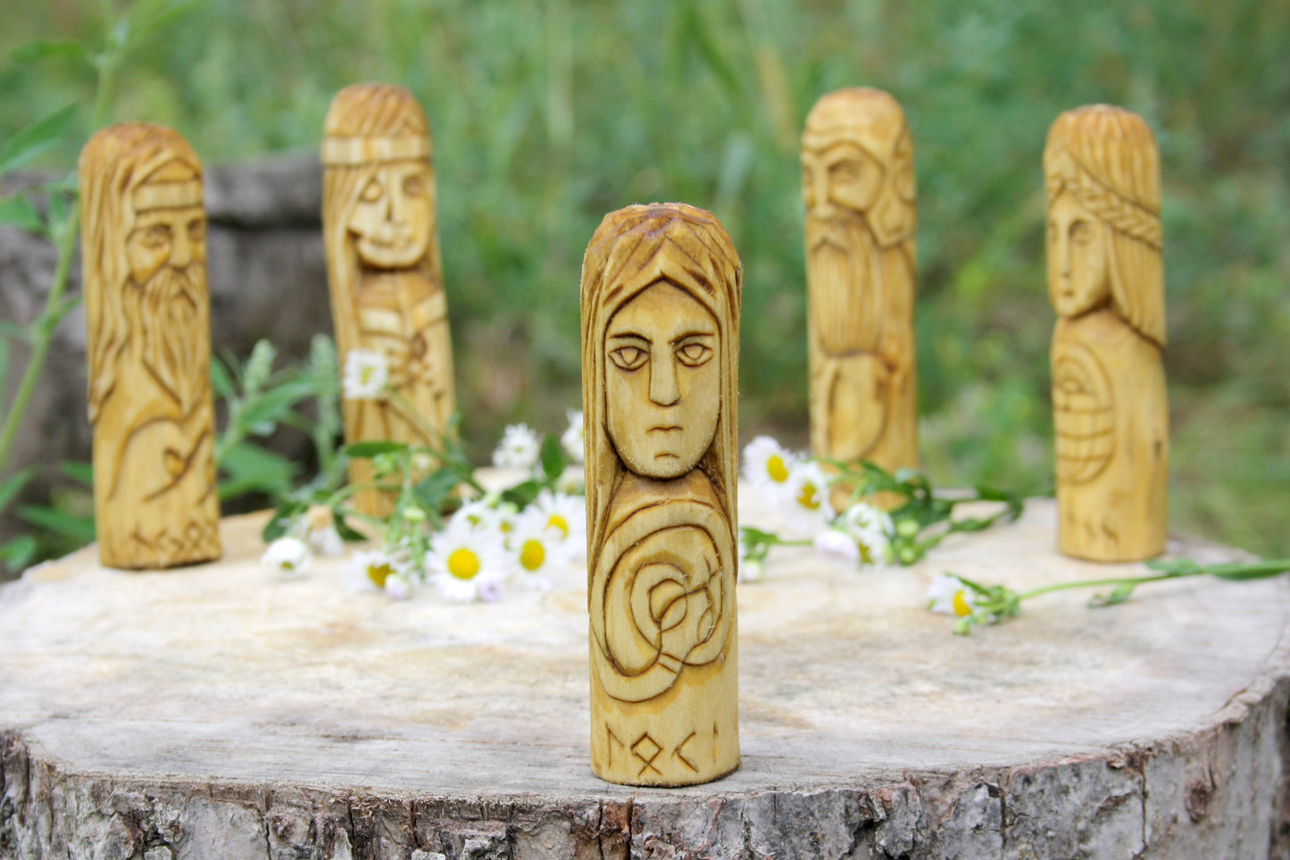 Small wooden altar of norse gods hela loki idunna njord heimdall. handcrafted statue.