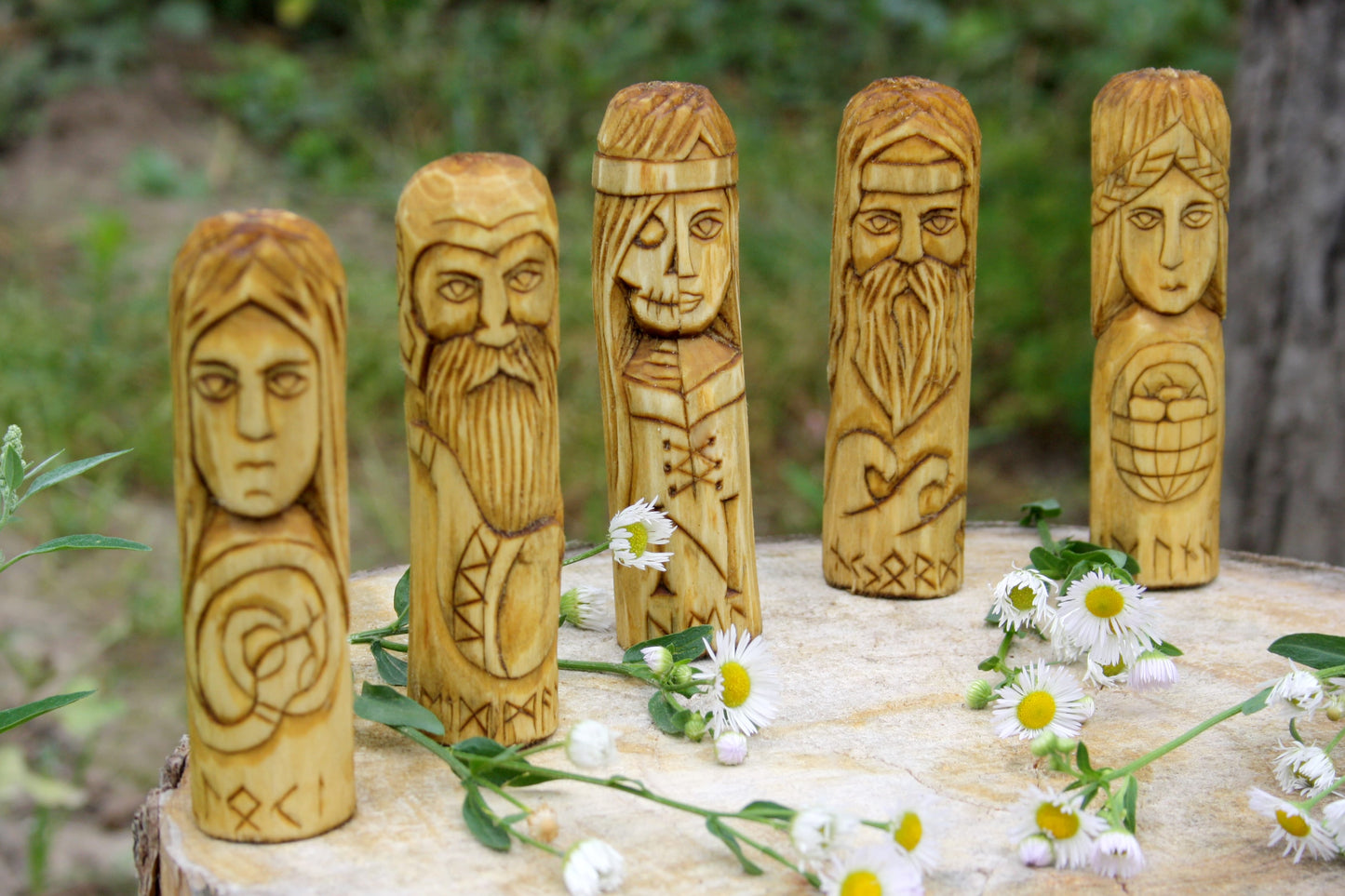 Small wooden altar of norse gods hela loki idunna njord heimdall. hela. loki. Idunna. heimdall