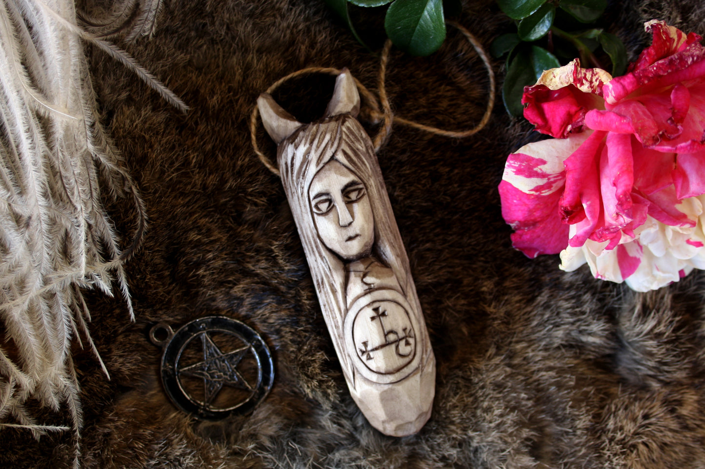 Pendant amulet of Lilith. Wooden amulet of demoness Lilith