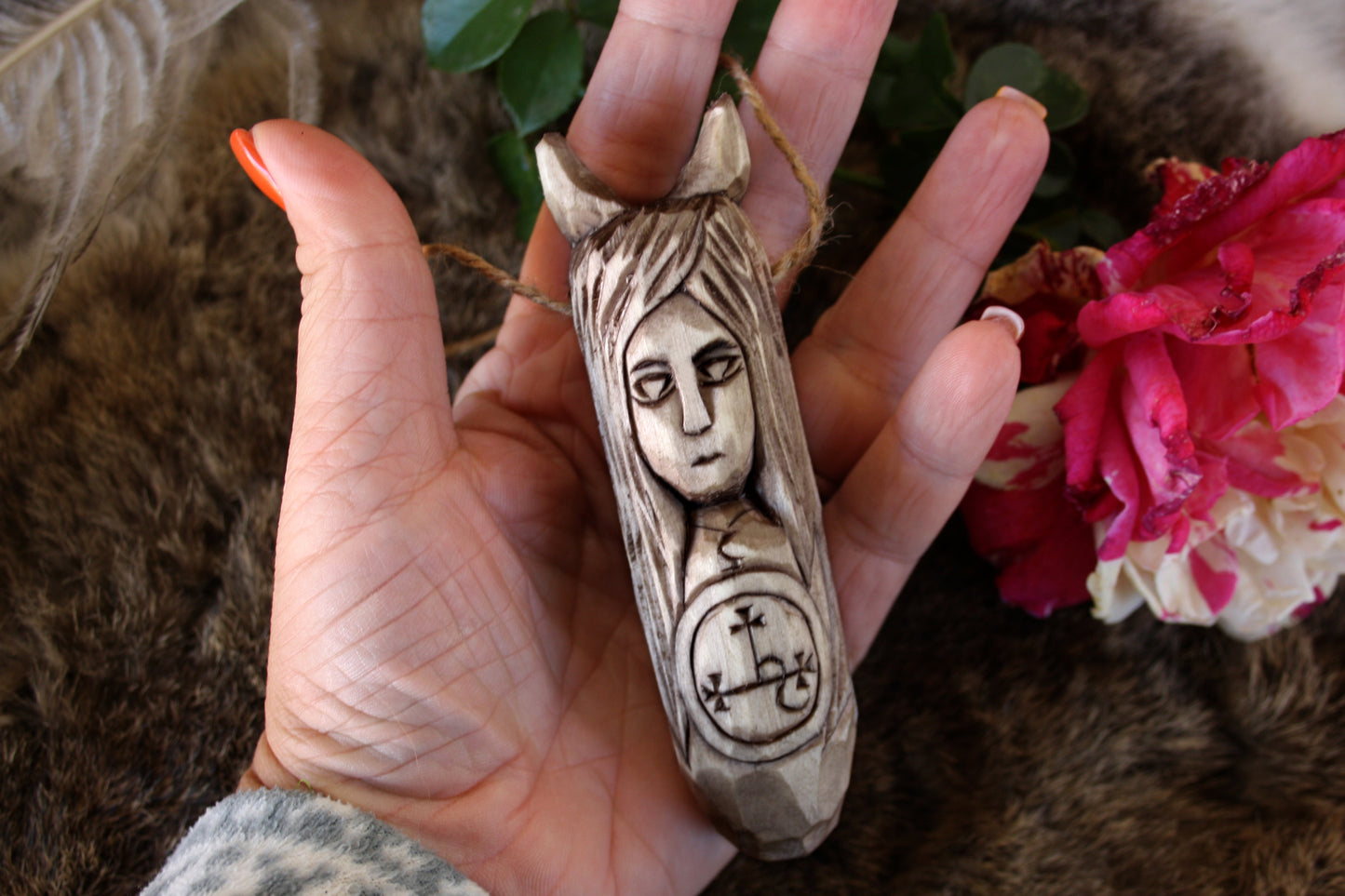 Pendant amulet of Lilith. Wooden amulet of demoness Lilith