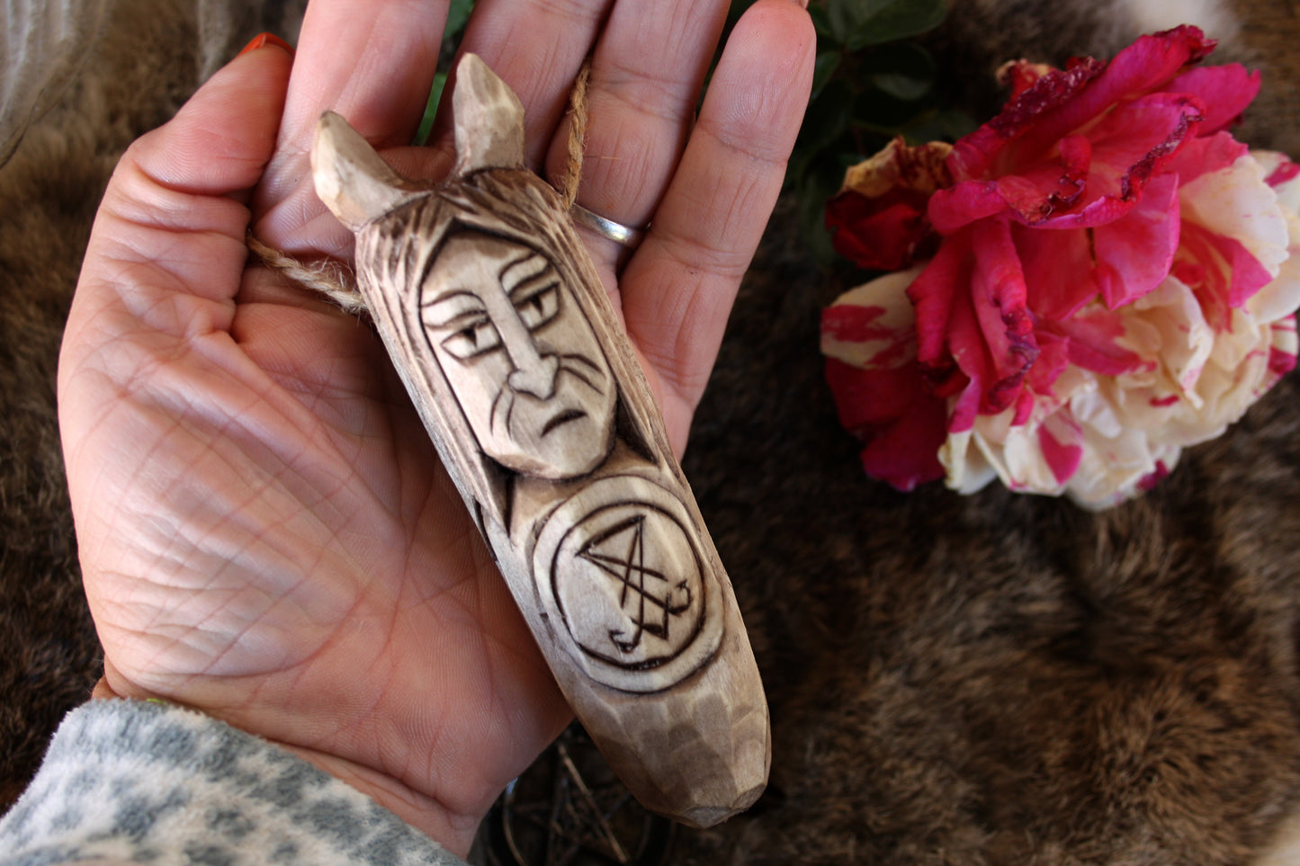Pendant amulet of Lucifer. Wooden amulet of demon Lucifer