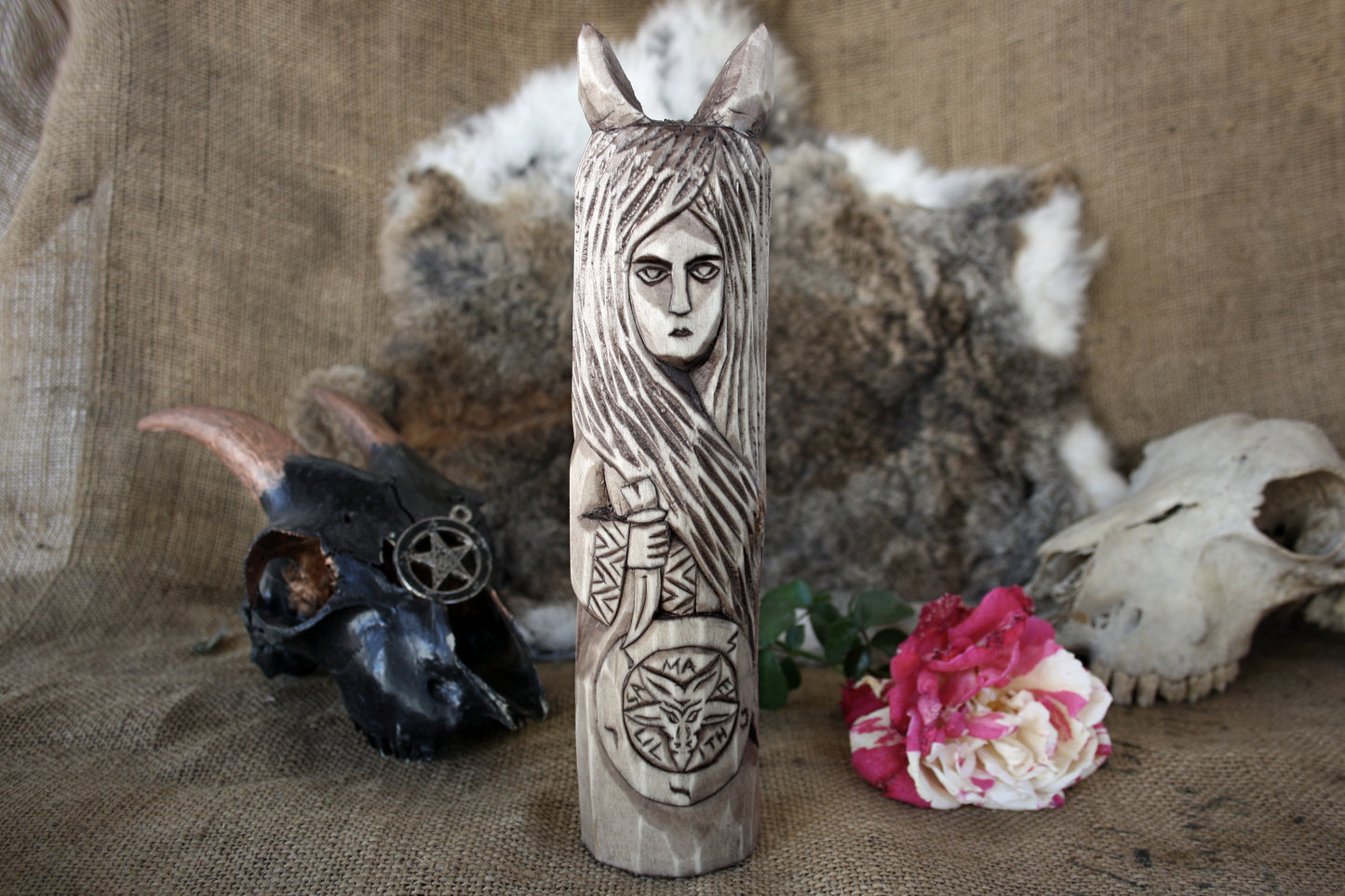 Large wooden statue Lilith.