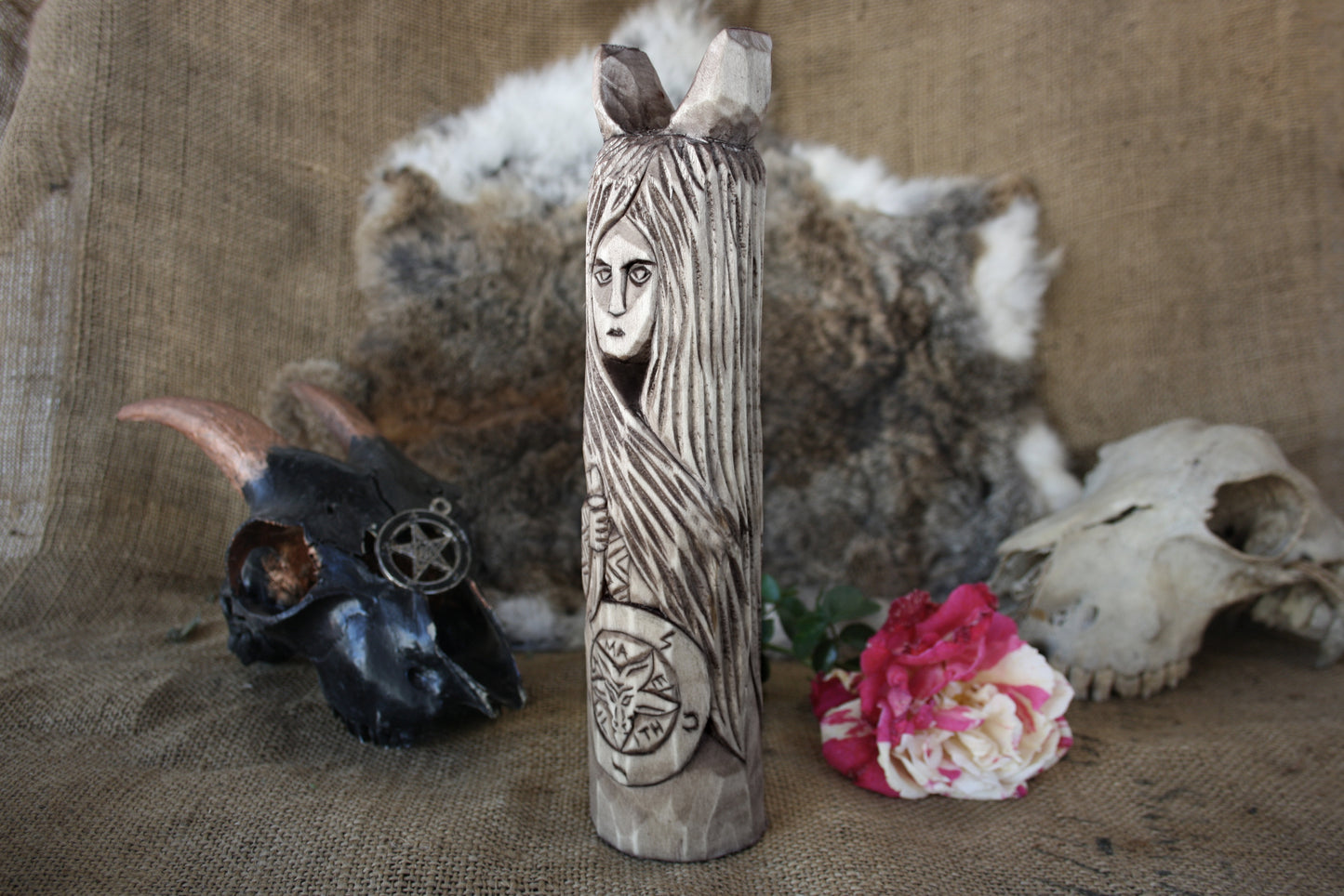 Large wooden statue Lilith.