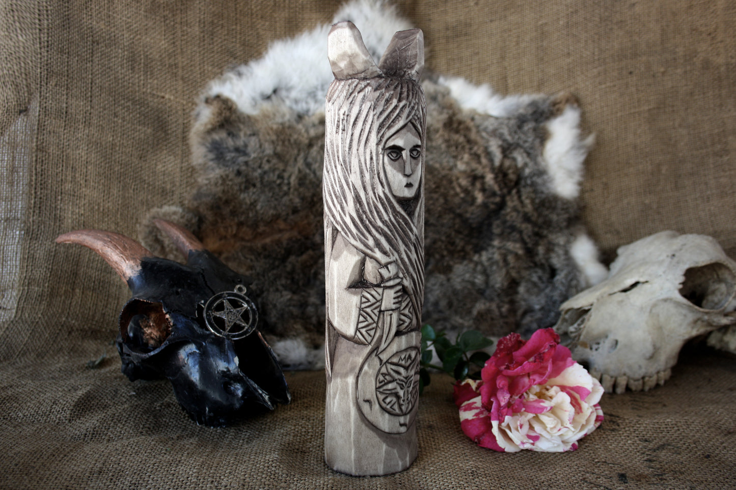 Large wooden statue Lilith.