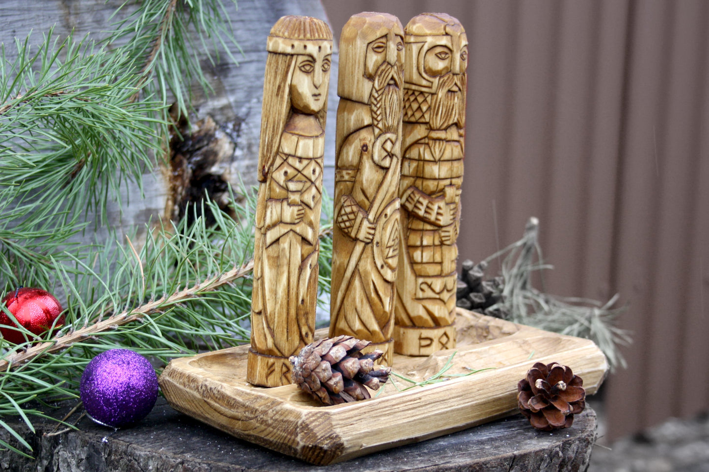 Wooden Altar with figurine of Norse Gods Odin Freya Thor
