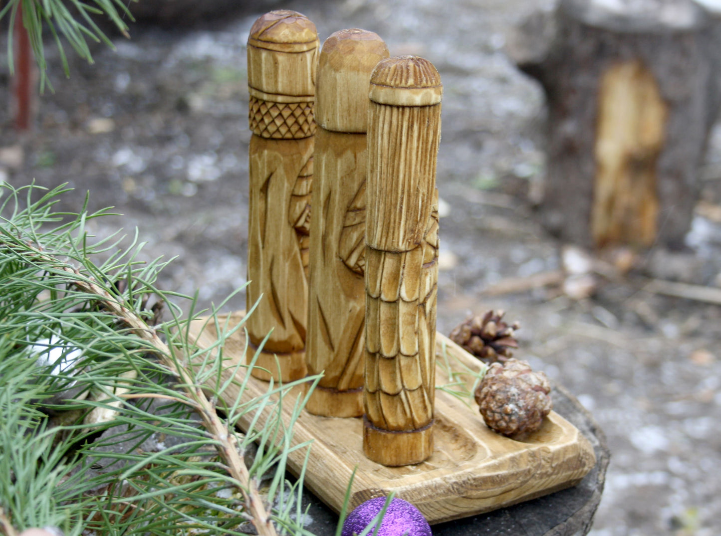 Wooden Altar with figurine of Norse Gods Odin Freya Thor