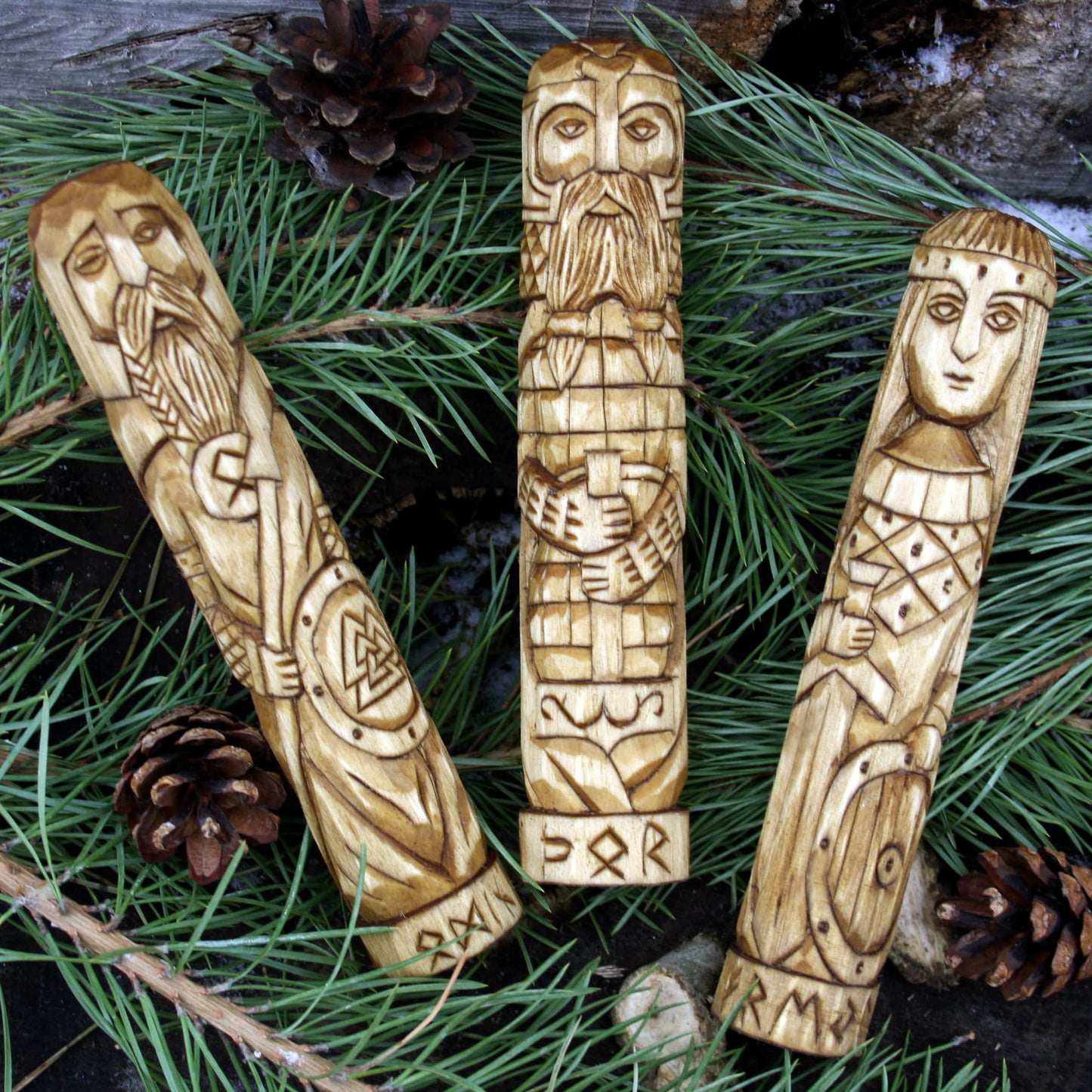 Freya warrior wooden statue with Norse gods hand carved figurines