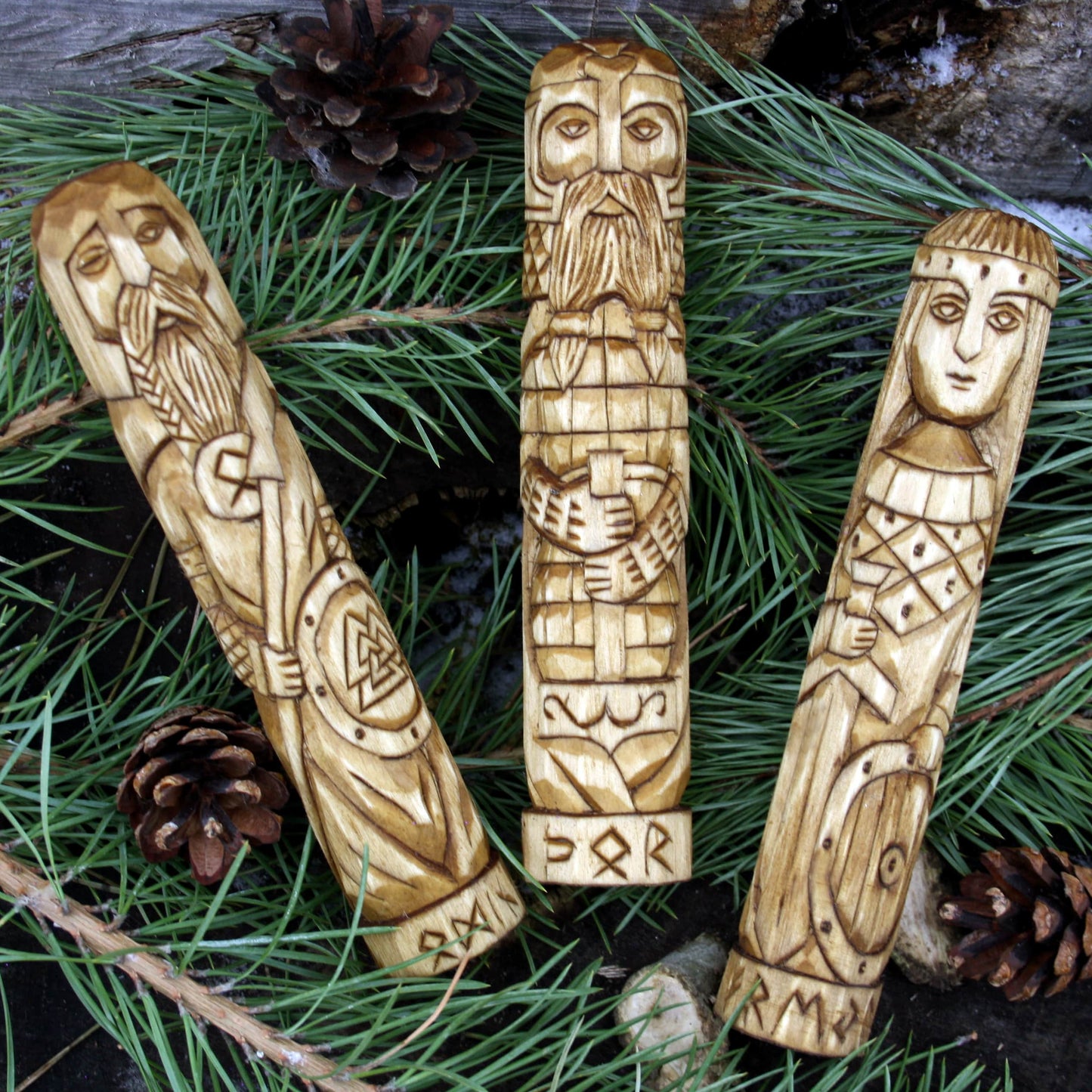Odin warrior wooden statue with other Norse gods hand carved figurines