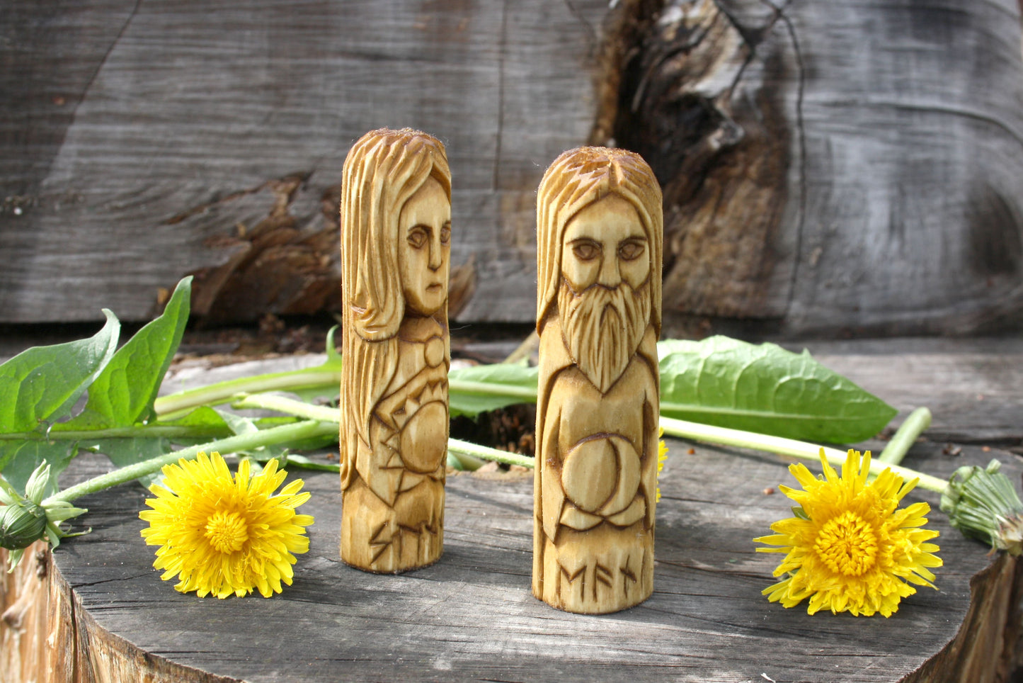 Small Wooden Sunna and Mani. Set of small wooden figurine.Scandinavion Gods