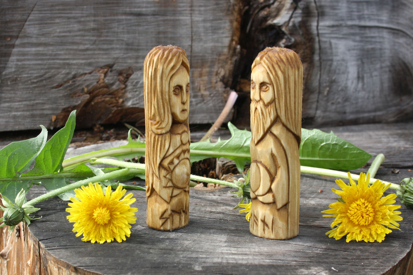 Small Wooden Sunna and Mani. Set of small wooden figurine.Scandinavion Gods