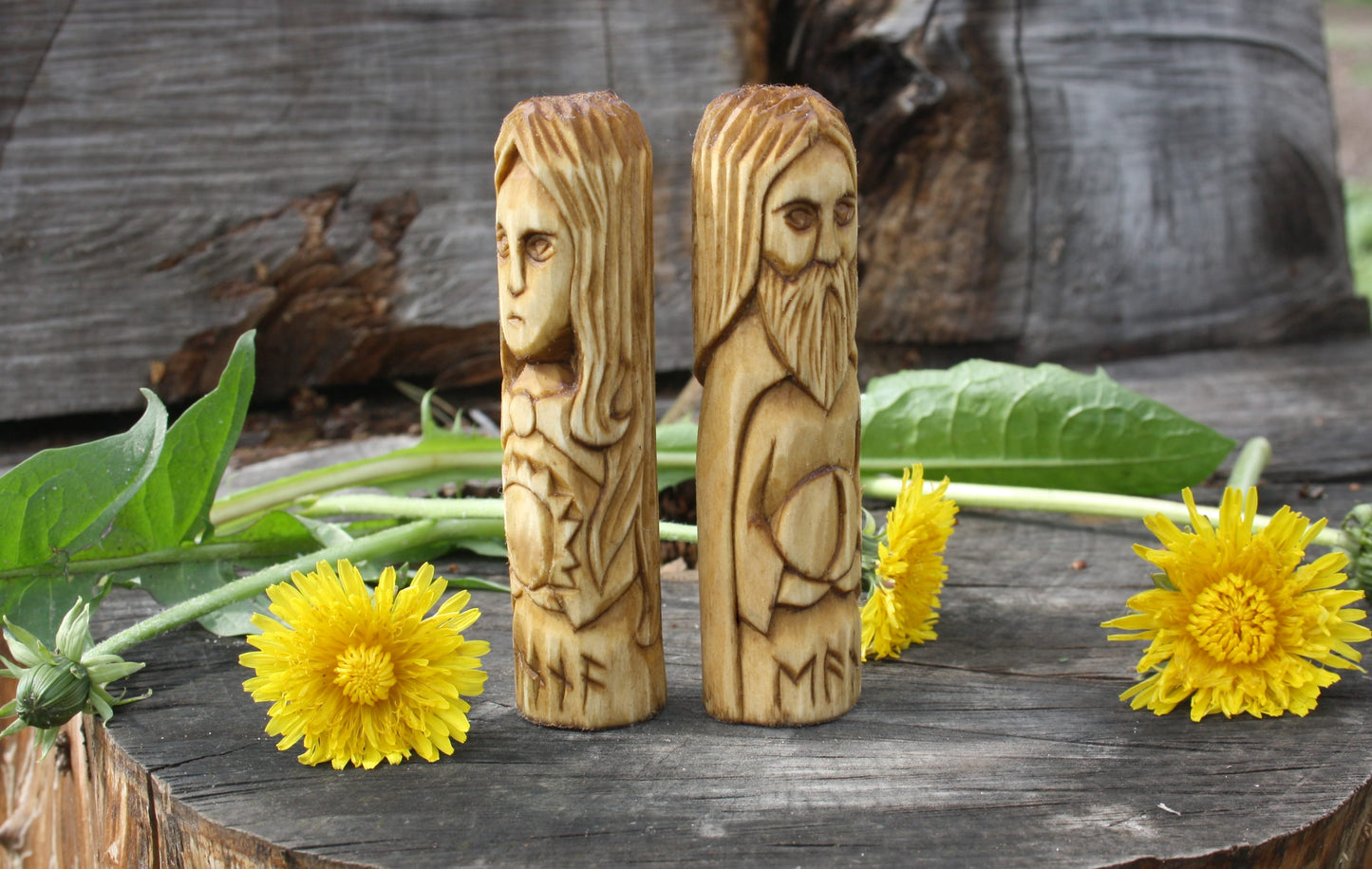 Small Wooden Sunna and Mani. Set of small wooden figurine.Scandinavion Gods
