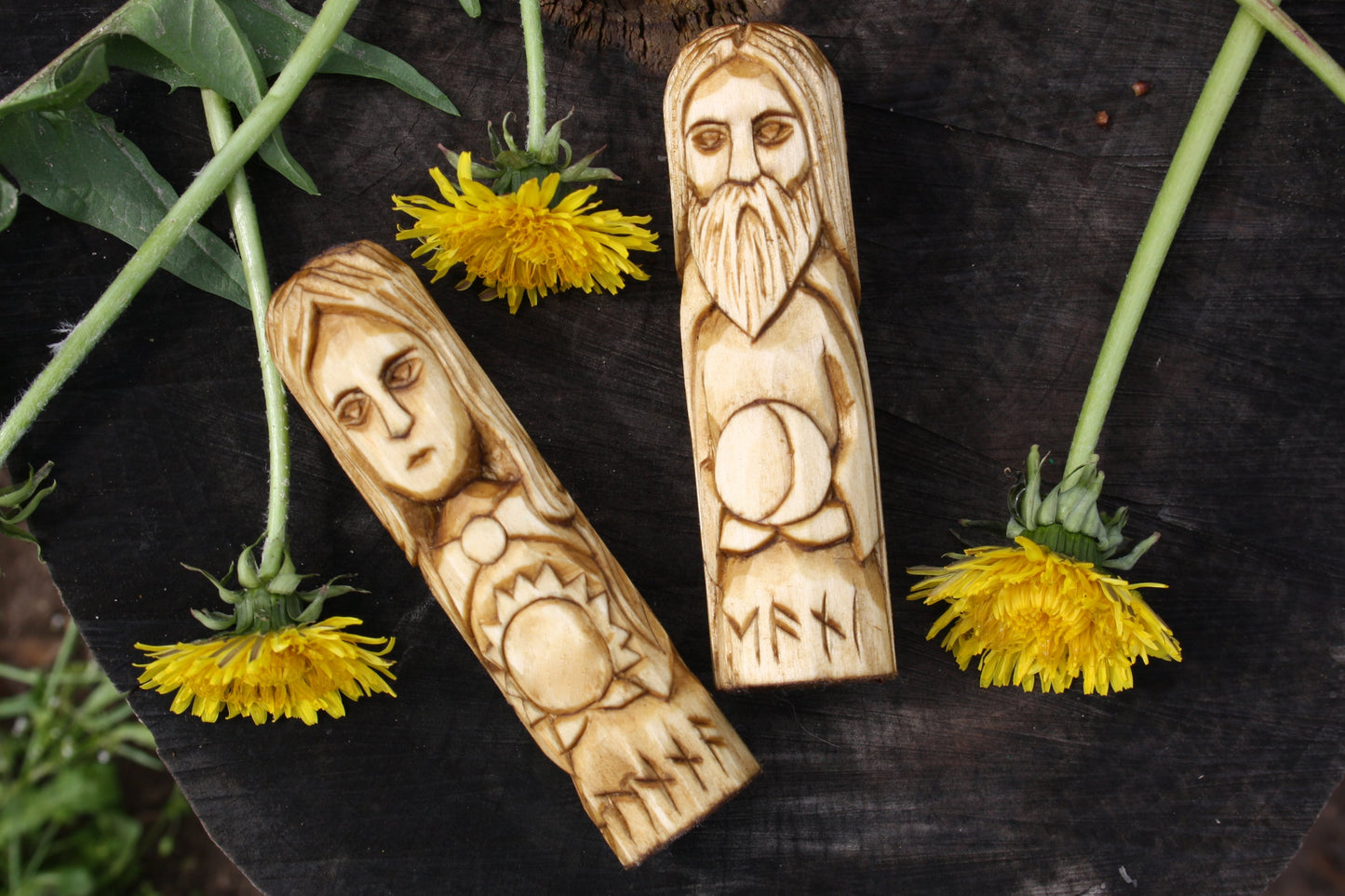 Small Wooden Sunna and Mani. Set of small wooden figurine.Scandinavion Gods