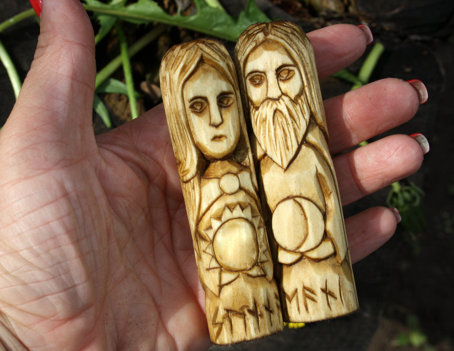 Small Wooden Sunna and Mani. Set of small wooden figurine.Scandinavion Gods