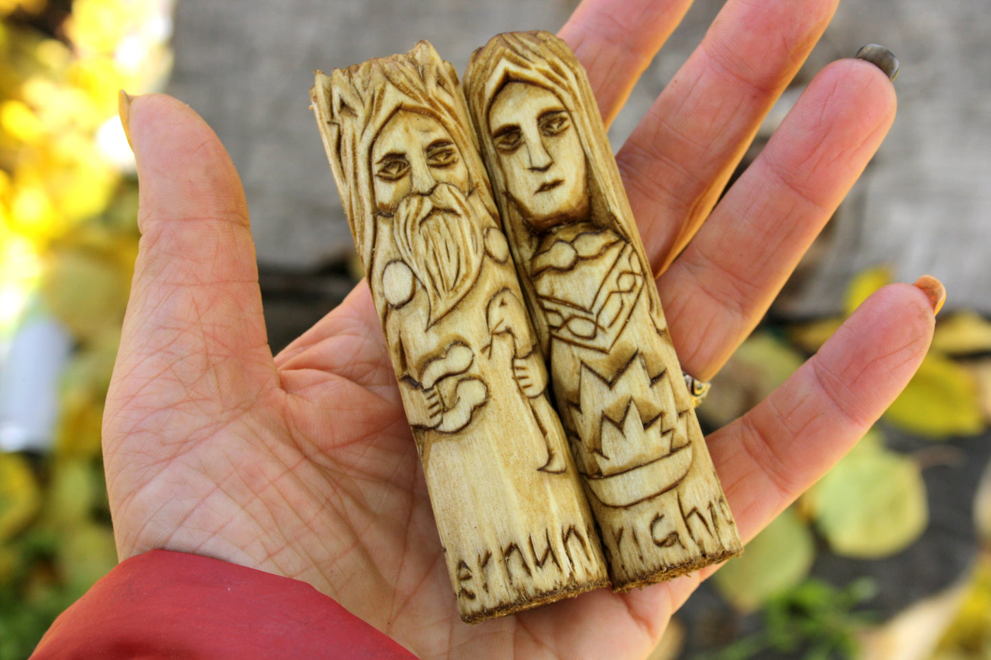 Small wooden celtic altar. handcrafted statue. danu dagda brighid cernunnos and morrigan