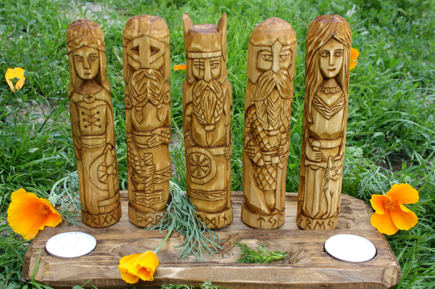 Wooden Altar with figurine of Odin Freya Thor Frigg Tyr