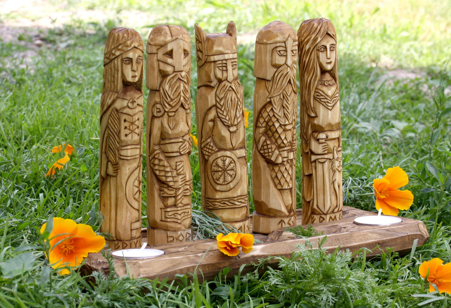 Wooden Altar with figurine of Odin Freya Thor Frigg Tyr