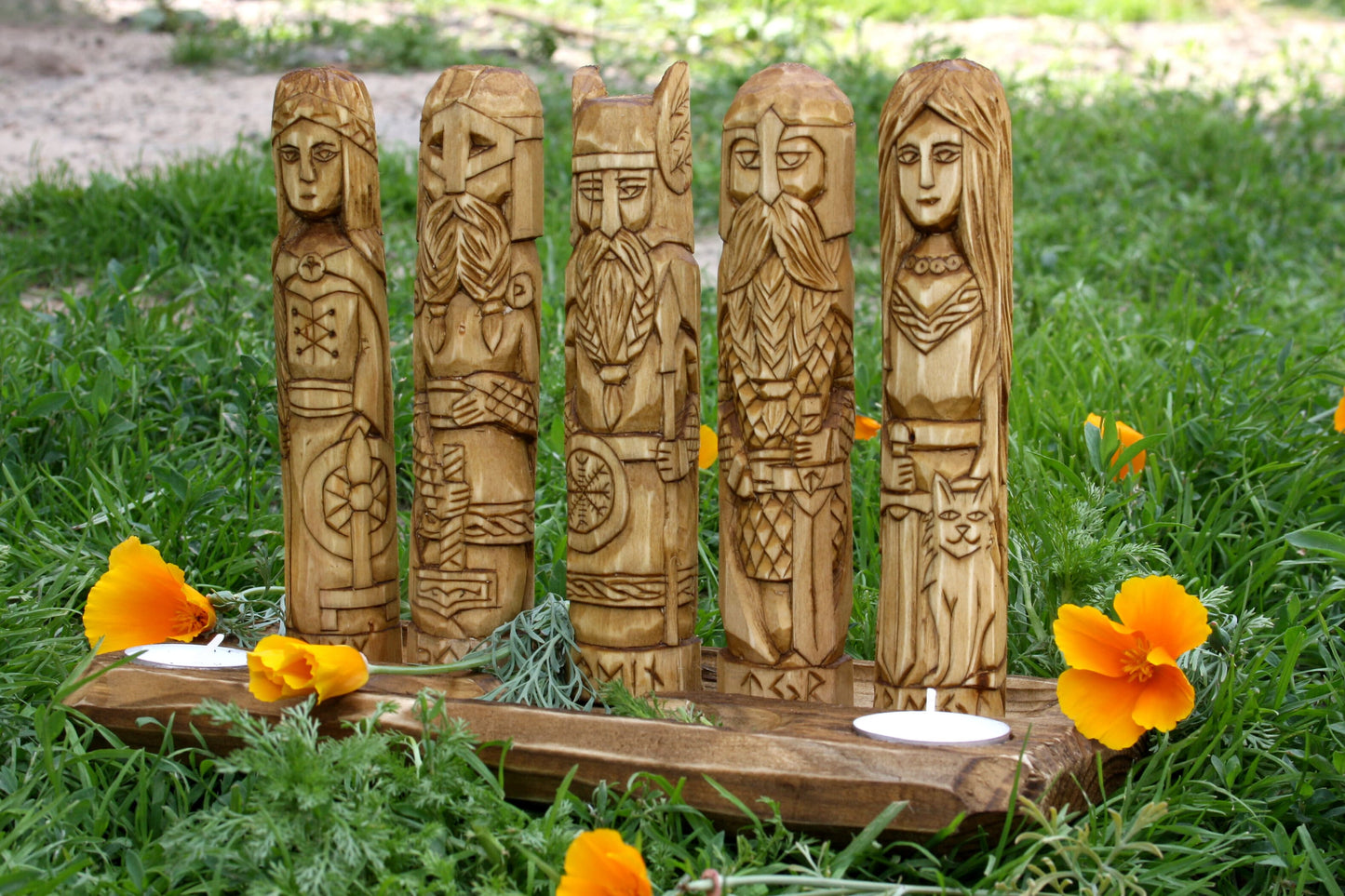 Wooden Altar with figurine of Odin Freya Thor Frigg Tyr