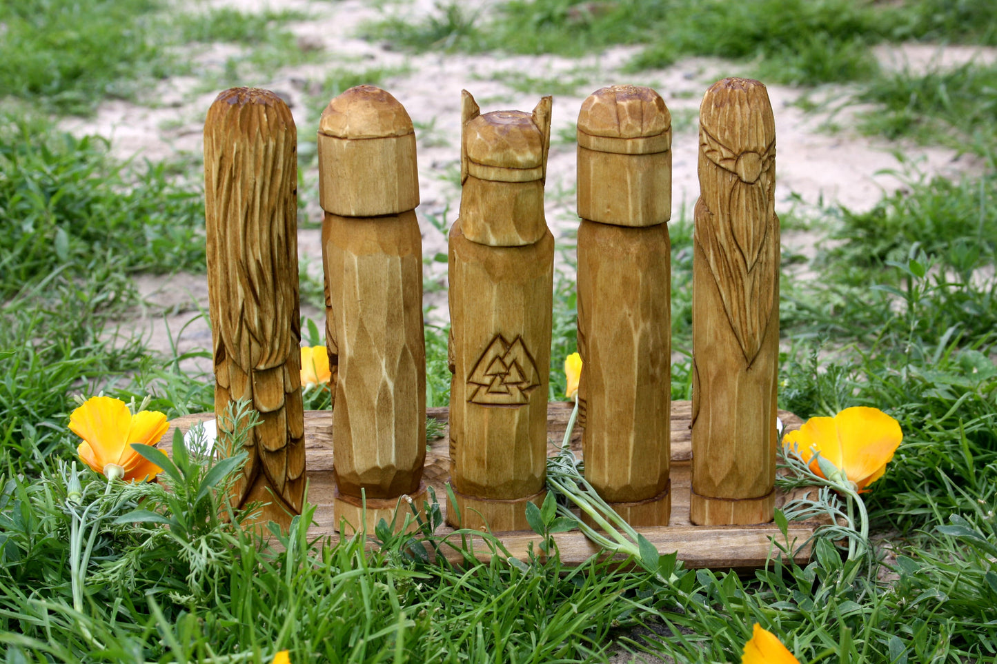 Wooden Altar with figurine of Odin Freya Thor Frigg Tyr