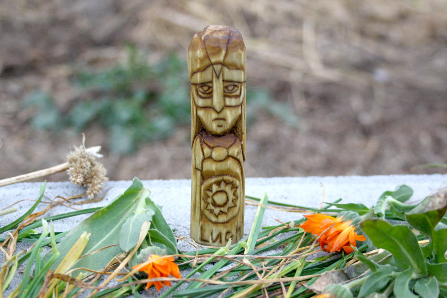 Small wooden celtic altar. handcrafted statue. ogma, aine, lugh, cailleach, dian cecht and angus.
